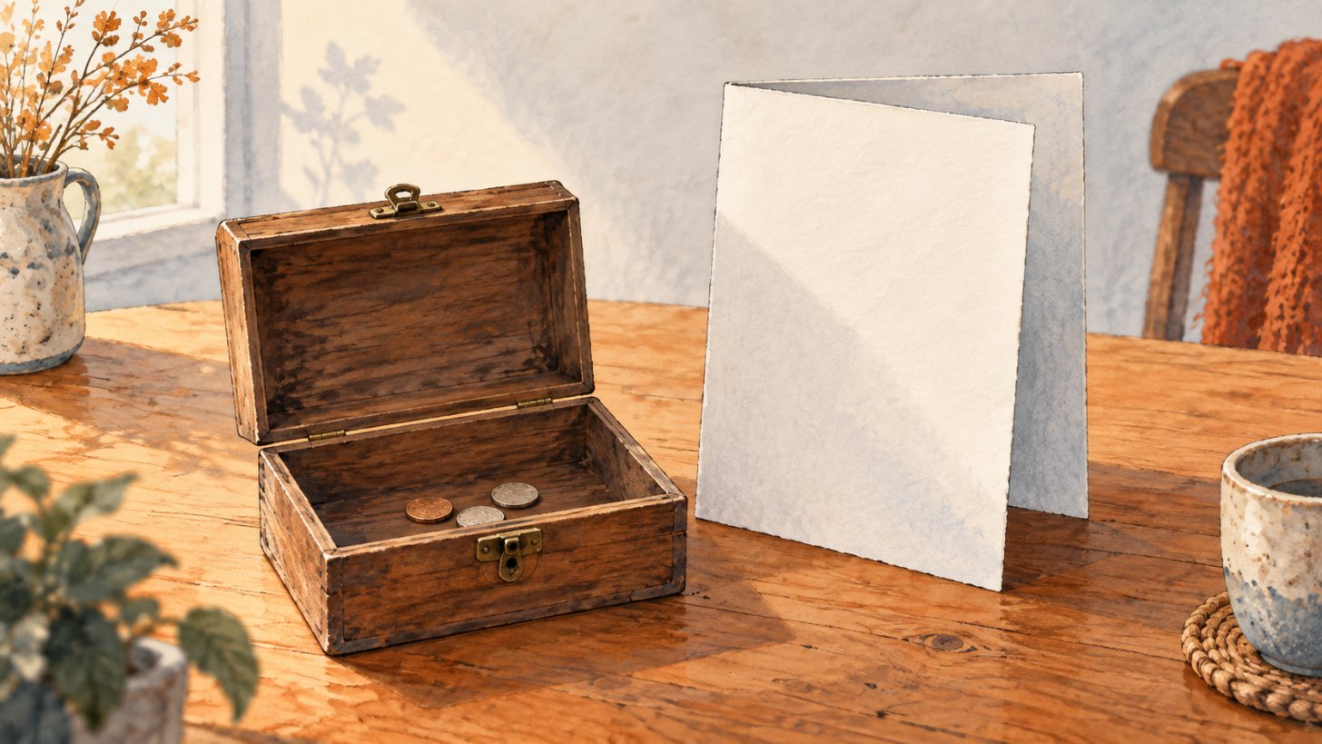 An open money box with a few coins beside a court document