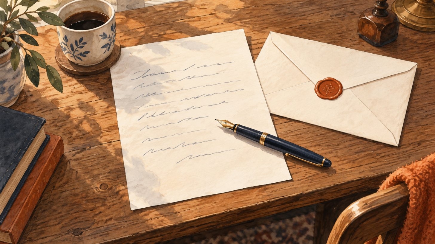 A written letter, a pen, and a sealed envelope on a desk