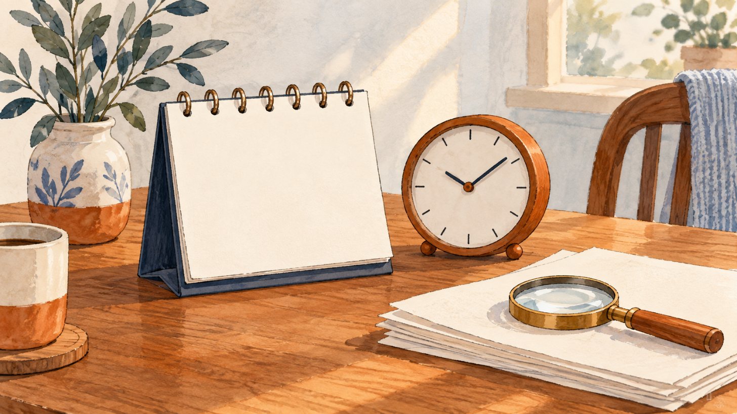 A desk calendar, a clock, and a magnifying glass on a stack of papers