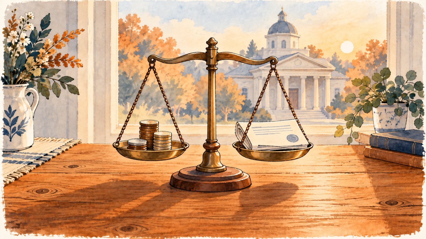 A balance scale weighing coins against a legal document, a courthouse behind