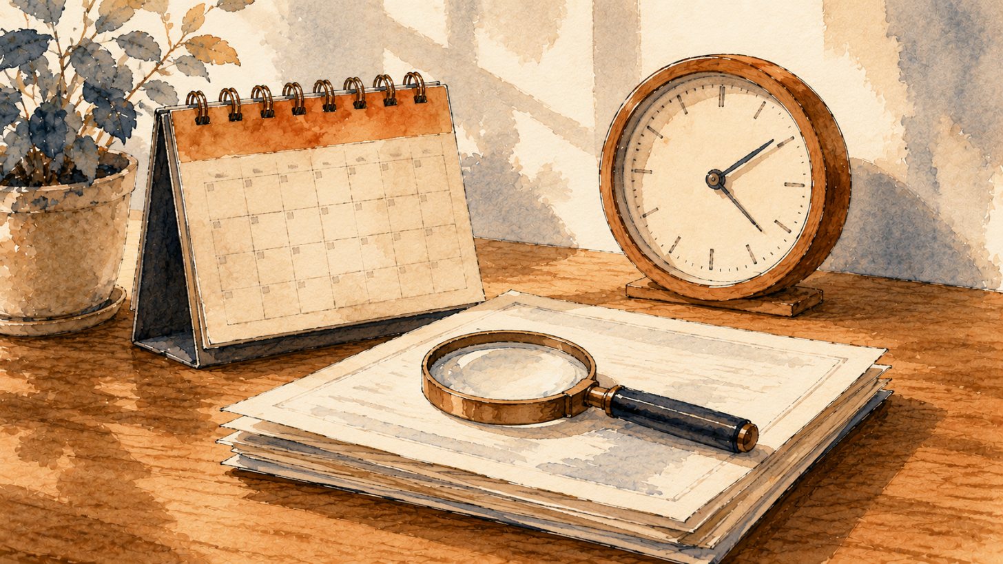 A desk calendar, a clock and a magnifying glass on a stack of papers