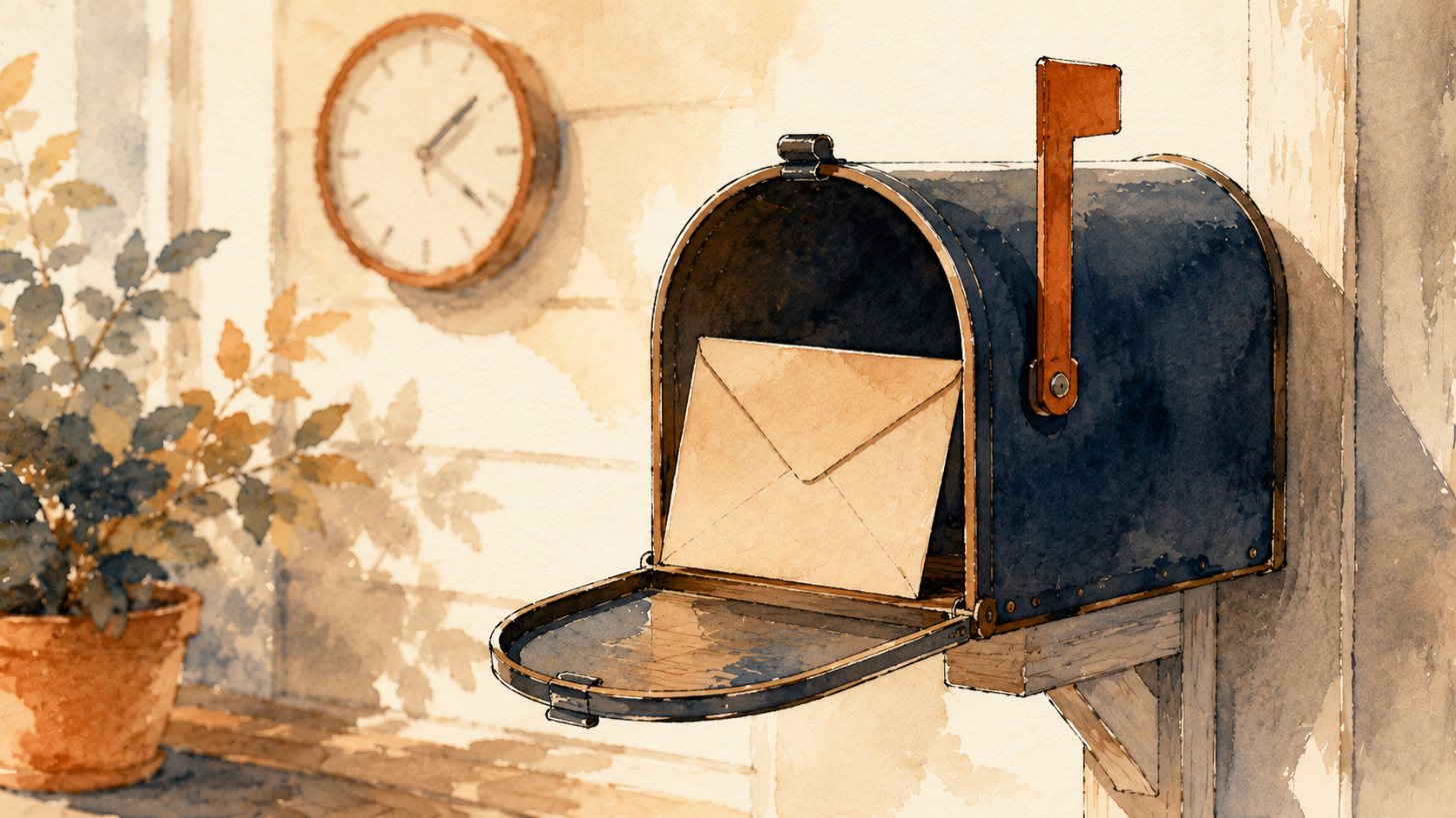 A sealed envelope in a home mailbox with a wall clock behind it