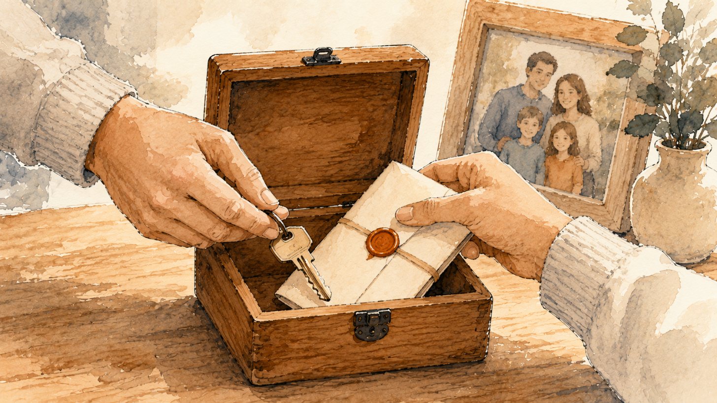 Hands placing a house key and a document into a wooden keepsake box