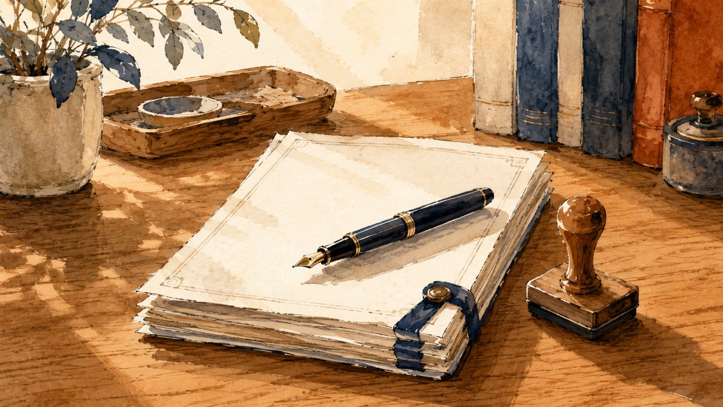 A stack of estate documents with a pen and a stamp on a wooden desk