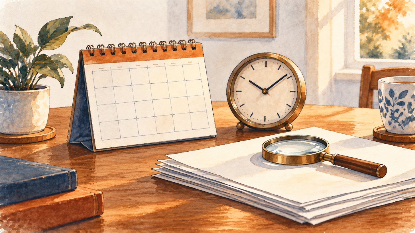 Desk calendar beside a clock and a magnifying glass on a stack of papers