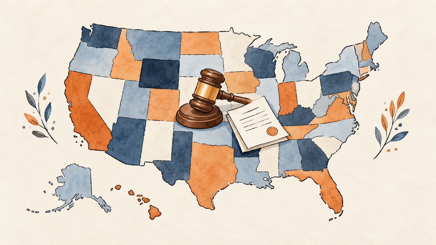 Stylized map of the United States with a small gavel and a folded document