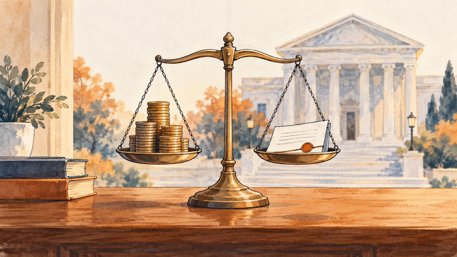 Balance scale on a desk with a stack of coins on one side and a legal document on the other