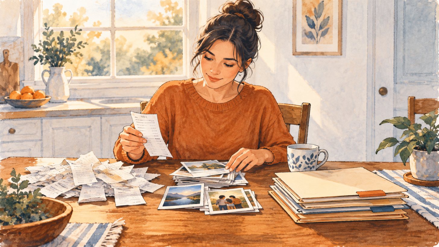 Person at a kitchen table sorting receipts and photos into neat folders
